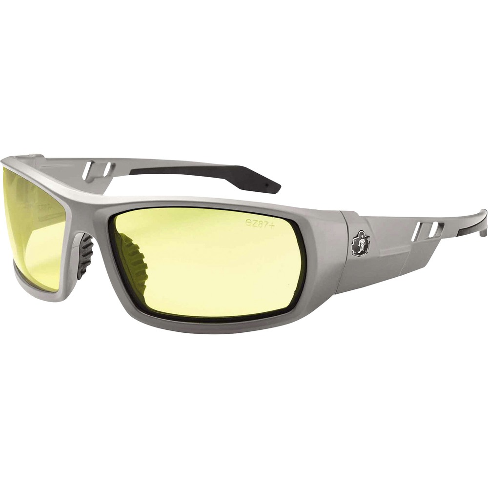EGO50150 - Skullerz Odin Safety Glasses feature a tough, scratch-resistant lens that filters 99.9 percent of harmful UVA, UVB and UVC rays to keep your eyes safe in the sun. They are military tested and ANSI Compliant. Ideal for indoors, outdoors, low light and hazy/cloudy conditions, the yellow lens increases brightness in dull conditions. Durable, nylon frames bend and flex without breaking. Nonslip, rubber nose piece and rubber temples keep the full-frame glasses secure and resist sweat. Integrated accessory receptors at each temple also improve airflow when not in use. Frame width is 142mm.