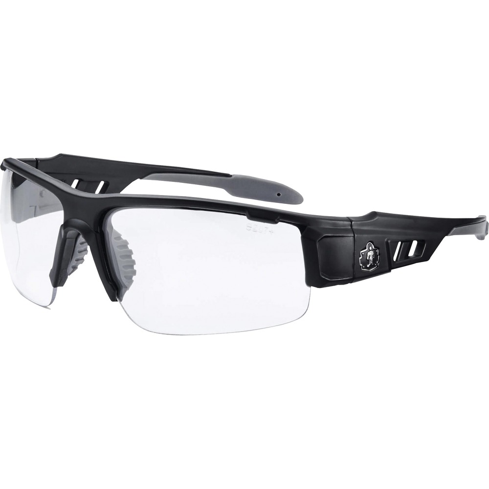 EGO52403 - Skullerz Dagr Safety Glasses feature a tough, scratch-resistant lens that filters 99.9 percent of harmful UVA, UVB and UVC rays to keep your eyes safe in the sun. Blade-style design is a sleek and sporty look - perfect both on the job or off. Half-blade frame offers improved lower and peripheral vision. These protective, work safety sunglasses are military tested and ANSI Compliant. Clear Fog-off Lens is ideal for indoor use, low light and hazy/cloudy conditions. Permanent, anti-fog treatment delivers fog-free viewing at all times and will not wash or wear off. Durable, nylon frame bends and flexes without breaking. Nonslip, rubber nose piece and rubber temples keep the glasses secure and resist sweat. Temple accessory slot lets you add accessories while improving airflow. Frame width is 146mm.