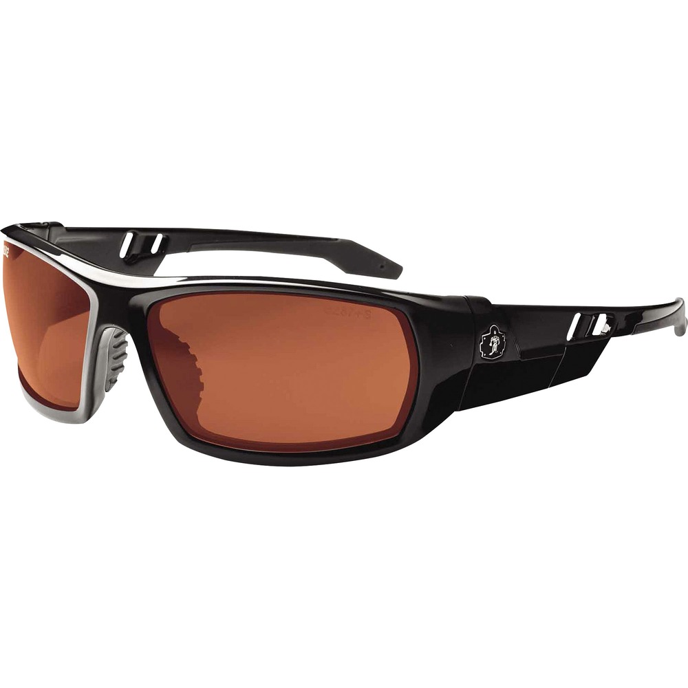 EGO50021 - Skullerz Odin Safety Glasses feature a tough, scratch-resistant lens that filters 99.9 percent of harmful UVA, UVB and UVC rays to keep your eyes safe in the sun. They are military tested and ANSI Compliant. Polarized Copper Lens is ideal for outdoors, bright light and high contrast. Premium coating reduces glare and eye fatigue around water, snow, shiny surfaces and in other bright environments for clearer visibility. Durable, nylon frames bend and flex without breaking. Nonslip, rubber nose piece and rubber temples keep the full-frame glasses secure and resist sweat. Integrated accessory receptors at each temple also improve airflow when not in use. Frame width is 142mm.
