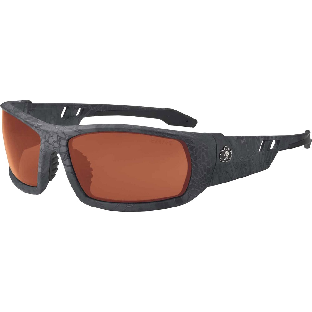 EGO50521 - Skullerz Odin Safety Glasses feature a tough, scratch-resistant lens that filters 99.9 percent of harmful UVA, UVB and UVC rays to keep your eyes safe in the sun. They are military tested and ANSI Compliant. Polarized Copper Lens is ideal for outdoors, bright light and high contrast. Premium coating reduces glare and eye fatigue around water, snow, shiny surfaces and in other bright environments for clearer visibility. Durable, nylon frames bend and flex without breaking. Nonslip, rubber nose piece and rubber temples keep the full-frame glasses secure and resist sweat. Integrated accessory receptors at each temple also improve airflow when not in use. Frame width is 142mm.