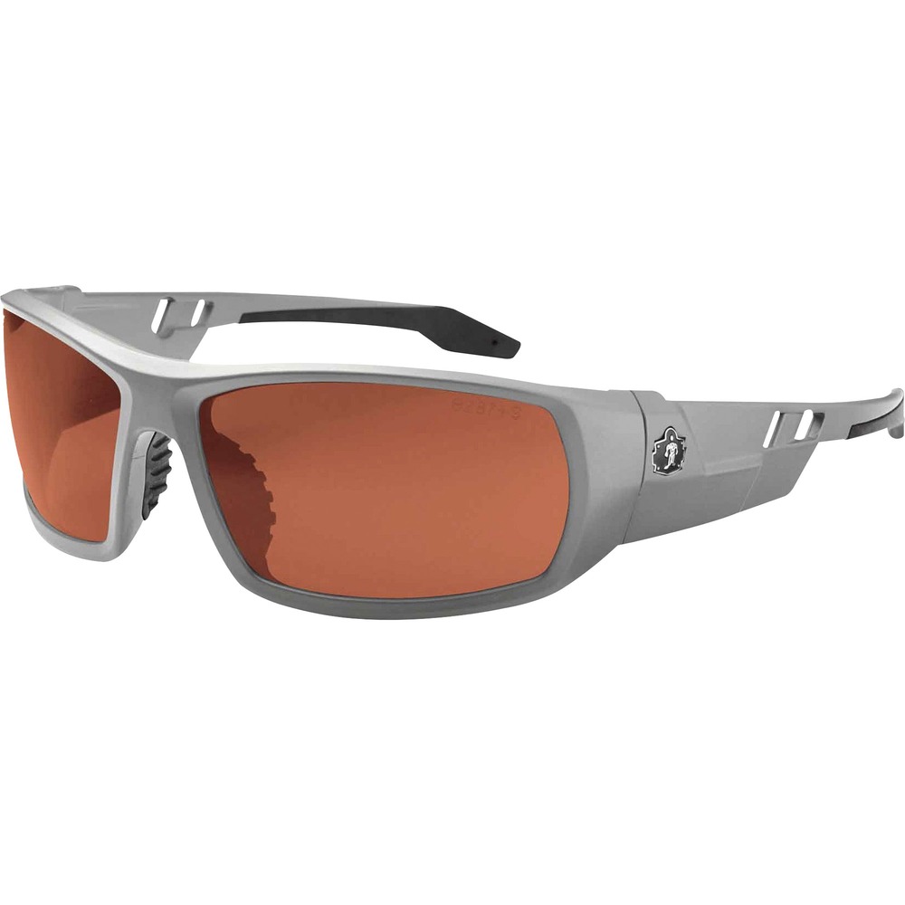 EGO50121 - Skullerz Odin Safety Glasses feature a tough, scratch-resistant lens that filters 99.9 percent of harmful UVA, UVB and UVC rays to keep your eyes safe in the sun. They are military tested and ANSI Compliant. Polarized Copper Lens is ideal for outdoors, bright light and high contrast. Premium coating reduces glare and eye fatigue around water, snow, shiny surfaces and in other bright environments for clearer visibility. Durable, nylon frames bend and flex without breaking. Nonslip, rubber nose piece and rubber temples keep the full-frame glasses secure and resist sweat. Integrated accessory receptors at each temple also improve airflow when not in use. Frame width is 142mm.