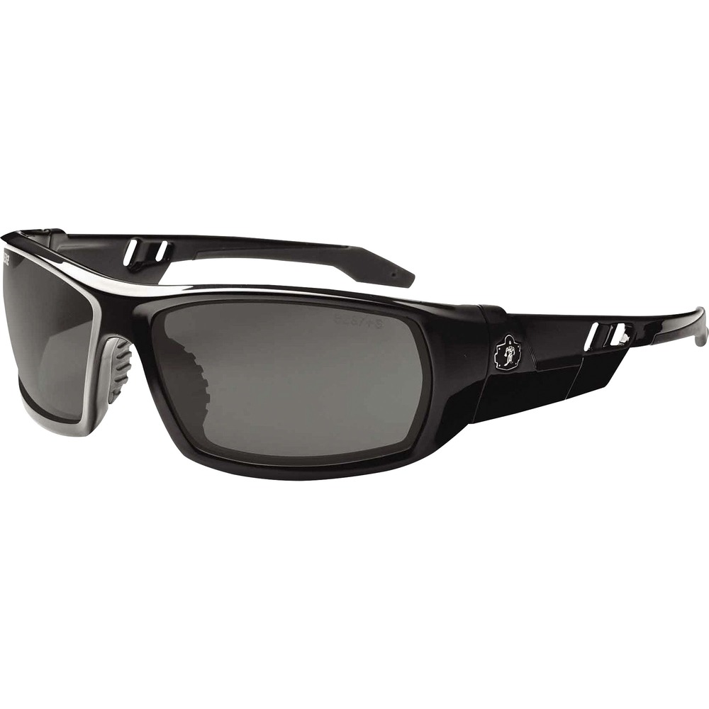 EGO50031 - Skullerz Odin Safety Glasses feature a tough, scratch-resistant lens that filters 99.9 percent of harmful UVA, UVB and UVC rays to keep your eyes safe in the sun. They are military tested and ANSI Compliant. Polarized Smoke Lens is ideal for outdoors and bright light. Premium coating reduces glare and eye fatigue around water, snow, shiny surfaces and in other bright environments for clearer visibility. Durable, nylon frames bend and flex without breaking. Nonslip, rubber nose piece and rubber temples keep the full-frame glasses secure and resist sweat. Integrated accessory receptors at each temple also improve airflow when not in use. Frame width is 142mm.