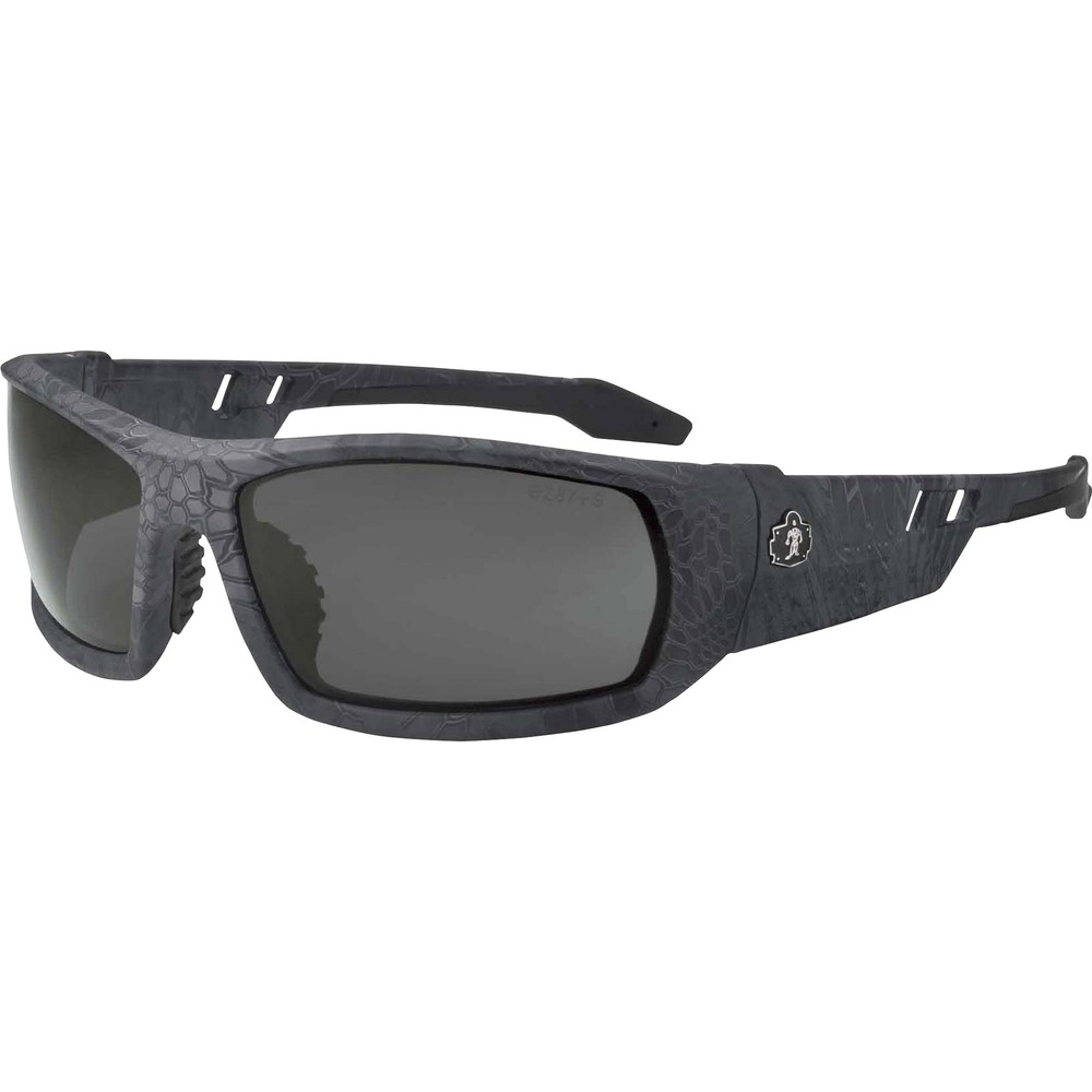 EGO50531 - Skullerz Odin Safety Glasses feature a tough, scratch-resistant lens that filters 99.9 percent of harmful UVA, UVB and UVC rays to keep your eyes safe in the sun. They are military tested and ANSI Compliant. Polarized Smoke Lens is ideal for outdoors and bright light. Premium coating reduces glare and eye fatigue around water, snow, shiny surfaces and in other bright environments for clearer visibility. Durable, nylon frames bend and flex without breaking. Nonslip, rubber nose piece and rubber temples keep the full-frame glasses secure and resist sweat. Integrated accessory receptors at each temple also improve airflow when not in use. Frame width is 142mm.