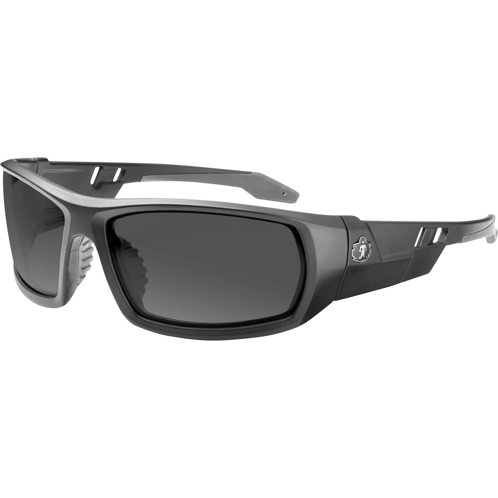 EGO50431 - Skullerz Odin Safety Glasses feature a tough, scratch-resistant lens that filters 99.9 percent of harmful UVA, UVB and UVC rays to keep your eyes safe in the sun. They are military tested and ANSI Compliant. Polarized Smoke Lens is ideal for outdoors and bright light. Premium coating reduces glare and eye fatigue around water, snow, shiny surfaces and in other bright environments for clearer visibility. Durable, nylon frames bend and flex without breaking. Nonslip, rubber nose piece and rubber temples keep the full-frame glasses secure and resist sweat. Integrated accessory receptors at each temple also improve airflow when not in use. Frame width is 142mm.