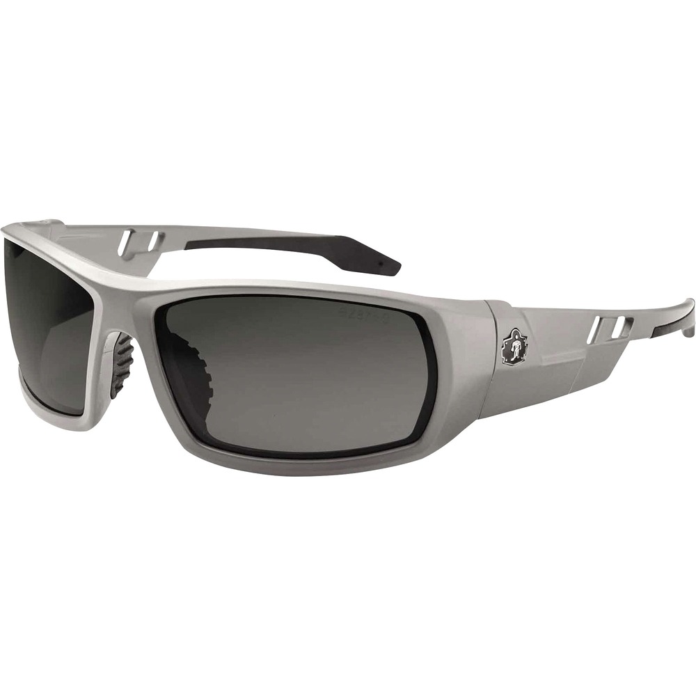 EGO50131 - Skullerz Odin Safety Glasses feature a tough, scratch-resistant lens that filters 99.9 percent of harmful UVA, UVB and UVC rays to keep your eyes safe in the sun. They are military tested and ANSI Compliant. Polarized Smoke Lens is ideal for outdoors and bright light. Premium coating reduces glare and eye fatigue around water, snow, shiny surfaces and in other bright environments for clearer visibility. Durable, nylon frames bend and flex without breaking. Nonslip, rubber nose piece and rubber temples keep the full-frame glasses secure and resist sweat. Integrated accessory receptors at each temple also improve airflow when not in use. Frame width is 142mm.