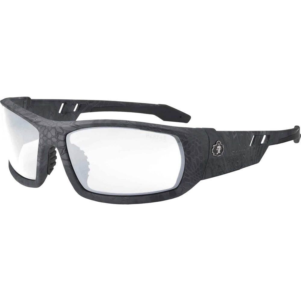 EGO50500 - Skullerz Odin Safety Glasses feature a tough, scratch-resistant lens that filters 99.9 percent of harmful UVA, UVB and UVC rays to keep your eyes safe in the sun. They are military tested and ANSI Compliant. This clear lens is ideal for indoor, low-light and hazy/cloudy conditions. Durable, nylon frames bend and flex without breaking. Nonslip, rubber nose piece and rubber temples keep the full-frame glasses secure and resist sweat. Integrated accessory receptors at each temple also improve airflow when not in use. Frame width is 142mm.