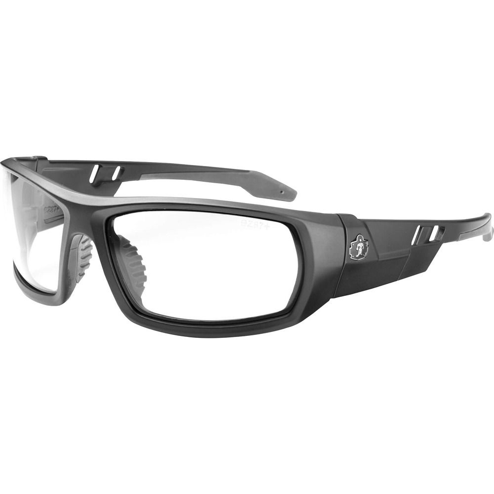 EGO50400 - Skullerz Odin Safety Glasses feature a tough, scratch-resistant lens that filters 99.9 percent of harmful UVA, UVB and UVC rays to keep your eyes safe in the sun. They are military tested and ANSI Compliant. This clear lens is ideal for indoor, low-light and hazy/cloudy conditions. Durable, nylon frames bend and flex without breaking. Nonslip, rubber nose piece and rubber temples keep the full-frame glasses secure and resist sweat. Integrated accessory receptors at each temple also improve airflow when not in use. Frame width is 142mm.