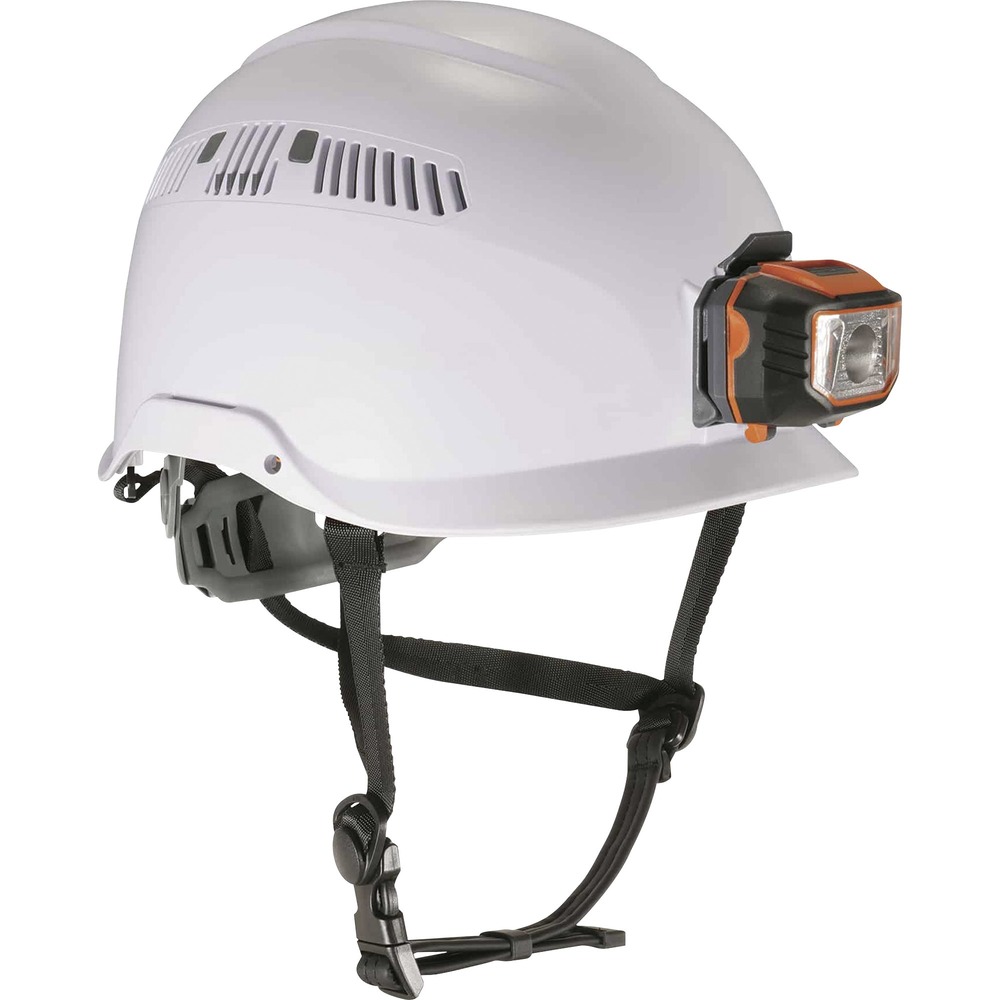 EGO60205 - Skullerz 8975LED Class C Safety Helmet with LED Light and six-point suspension provides heavy-duty yet lightweight and comfortable head protection designed to shield the front, back, top and sides of the head from falls, dropped objects or bumping into stationary objects. Compact design increases all-over impact protection and improves visibility. Included chin strap ensures the helmet remains secure to the wearer's head upon impact or sudden movement. Increased coverage is EN12492 Side-Impact compliant. Safety helmet also meets standard Class C helmet requirements for ANSI Z89.1-2014, CSA Z94.1-15, Type 1, Class C standard. Short brim enhances field of vision. For all-day comfort, it includes removable sweatband and top pad made of breathable, sweat-wicking and odor-resistant, machine-washable materials. Flexible open frame improves air circulation, and adjustable venting allows a cooler helmet in the heat and a dry helmet in the rain.