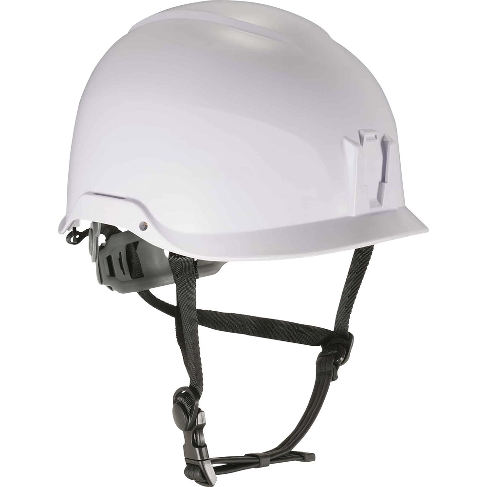 EGO60200 - Skullerz 8974 Class E Safety Helmet with six-point suspension provides heavy-duty yet lightweight and comfortable head protection designed to shield the front, back, top and sides of the head from falls, dropped objects or bumping into stationary objects. Compact design increases all-over impact protection and improves visibility. One-handed adjustment knob pivots to improve fit. Included chin strap ensures the helmet remains secure to the wearer's head upon impact or sudden movement. Increased coverage is EN12492 Side-Impact compliant. Safety helmet also meets standard Class E helmet requirements for ANSI Z89.1-2014, CSA Z94.1-15, Type 1, Class E standard. Short brim enhances field of vision. For all-day comfort, it includes removable sweatband and top pad made of breathable, sweat-wicking and odor-resistant, machine-washable materials. Flexible open frame improves air circulation.