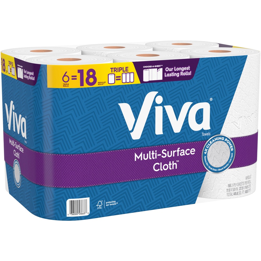 KCC53663 - Viva Multi-Surface Cloth Paper Towels feature a unique texture to lift and trap messes on the kitchen countertop, bathroom surfaces and all the rooms in-between. Each Triple Roll includes 165 sheets. Perforations let you choose the sheet size for your task. These paper towels have two absorbent layers to soak up mess and clean metal, granite, glass, and wood, helping you maintain an exceptionally clean home every day. Viva towels are sustainably sourced from responsibly managed forests so you can feel good about your purchase and your clean home. Rolls fit on standard, kitchen towel dispensers.