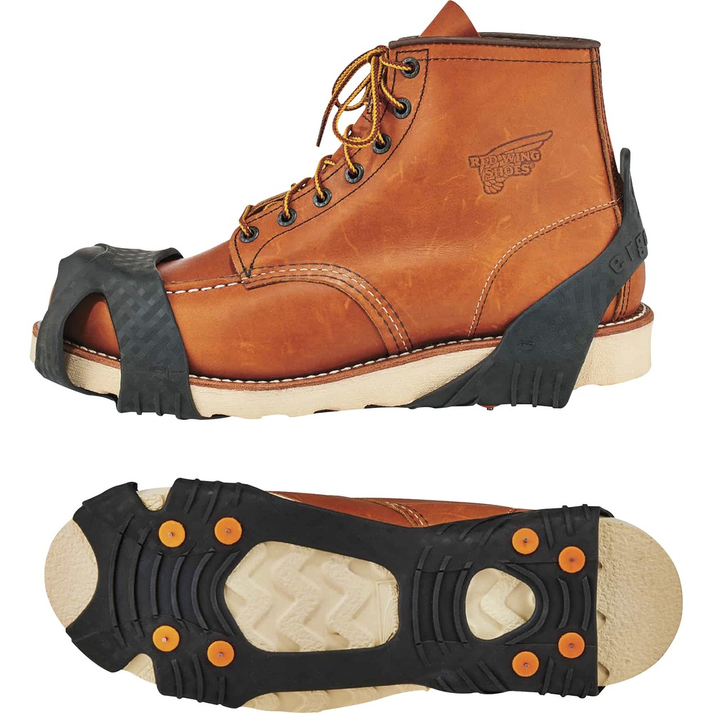EGO16736 - Trex 6300TC Slip-On Ice Cleats are lightweight ice grips for boots to prevent slip-and-fall injuries on the ice. With extremely durable studs, these ice cleats provide tenacious traction and extra stability on ice and snow. Tungsten carbide studs are stronger and thinner for better penetration and stronger grip. This very hard compound rates 9 on the Mohs scale for hardness, second only to a diamond. Enjoy full-foot traction from eight rugged studs that line the length of the foot with a thicker, under-sole tread and a reinforced toe cap for more durable wear and better grip. Stretchable rubber with textured interior hugs the toe and heel of your shoe or boot. Large thumb tabs on the heels allow easy on and off. One-piece, reliable cleats are flexible in temperatures as low as negative 40 degrees Fahrenheit (negative 40 degrees Celsius) and won't break in cold temperatures. They are compact so cleats are easy to store. 2XLarge size fits U.S. men's footwear from 15 to 18.
