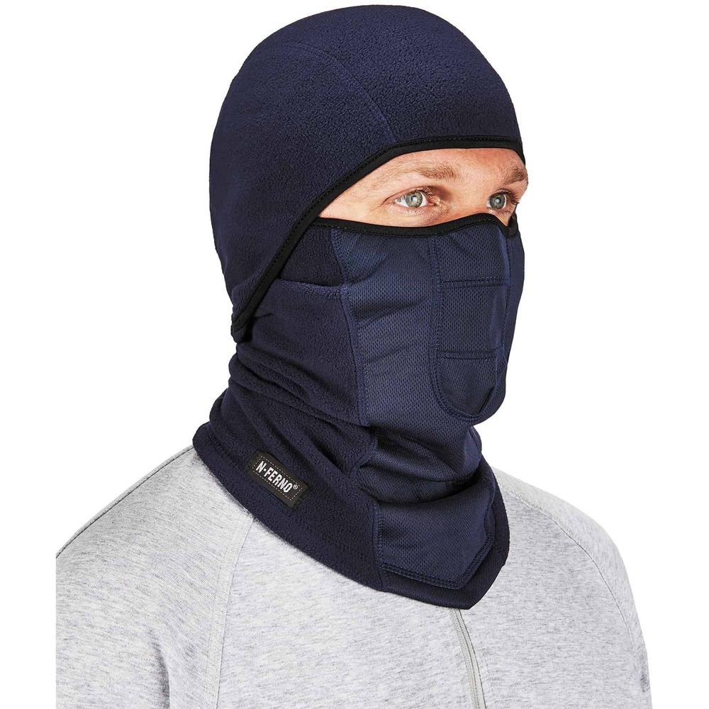 EGO16851 - The N-Ferno Wind-proof Hinged Balaclava Face Mask delivers the cold-blocking protection of a full face mask but can also be worn as a neck gaiter or face shield. Unique hinged design allows you to adjust the amount of coverage you need depending on the weather. Made from stretchable, breathable fleece, face mask offers a comfortable fit that seals out the cold. Wind-resistant fabric covers the nose, mouth and neck for added warmth where you need it most. Long length provides full head and neck coverage that easily tucks into jackets. Align mesh panel over mouth for easy breathing. Reflective accents add visibility at night or in low-light conditions. One size fits most and can be worn alone or under hard hats, ski helmets or other head protection. This washable face mask is perfect for construction, freight/baggage, drilling/mining, oil/gas refining, iron/steel work, delivery/service, landscaping/grounds, cold storage/warehousing and material handling.