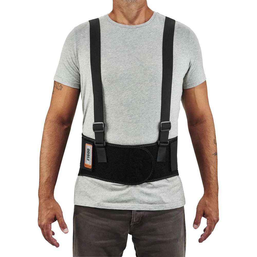 EGO11102 - ProFlex 1600 Standard Elastic Back Support Brace is designed to remind workers of proper lifting techniques while also enhancing the body's intra-abdominal pressure, moving the stress away from the spine for back pain relief. Flexible and breathable, the premium, all-elastic, 9" body delivers extra-firm support. Contoured, high-cut front panel delivers a comfortable fit. Stays are made of nonconductive polypropylene for long-lasting integrity. Adjustable, detachable suspenders keep brace in place. Rubber track webbing prevents riding up for a secure fit. Machine-washable brace fits waists from 25" to 30".