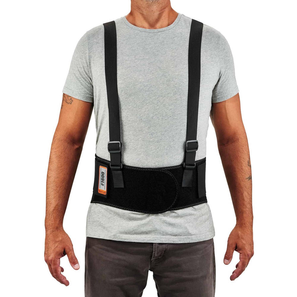 EGO11107 - ProFlex 1600 Standard Elastic Back Support Brace is designed to remind workers of proper lifting techniques while also enhancing the body's intra-abdominal pressure, moving the stress away from the spine for back pain relief. Flexible and breathable, the premium, all-elastic, 9" body delivers extra-firm support. Contoured, high-cut front panel delivers a comfortable fit. Stays are made of nonconductive polypropylene for long-lasting integrity. Adjustable, detachable suspenders keep brace in place. Rubber track webbing prevents riding up for a secure fit. Machine-washable brace fits waists from 46" to 52".