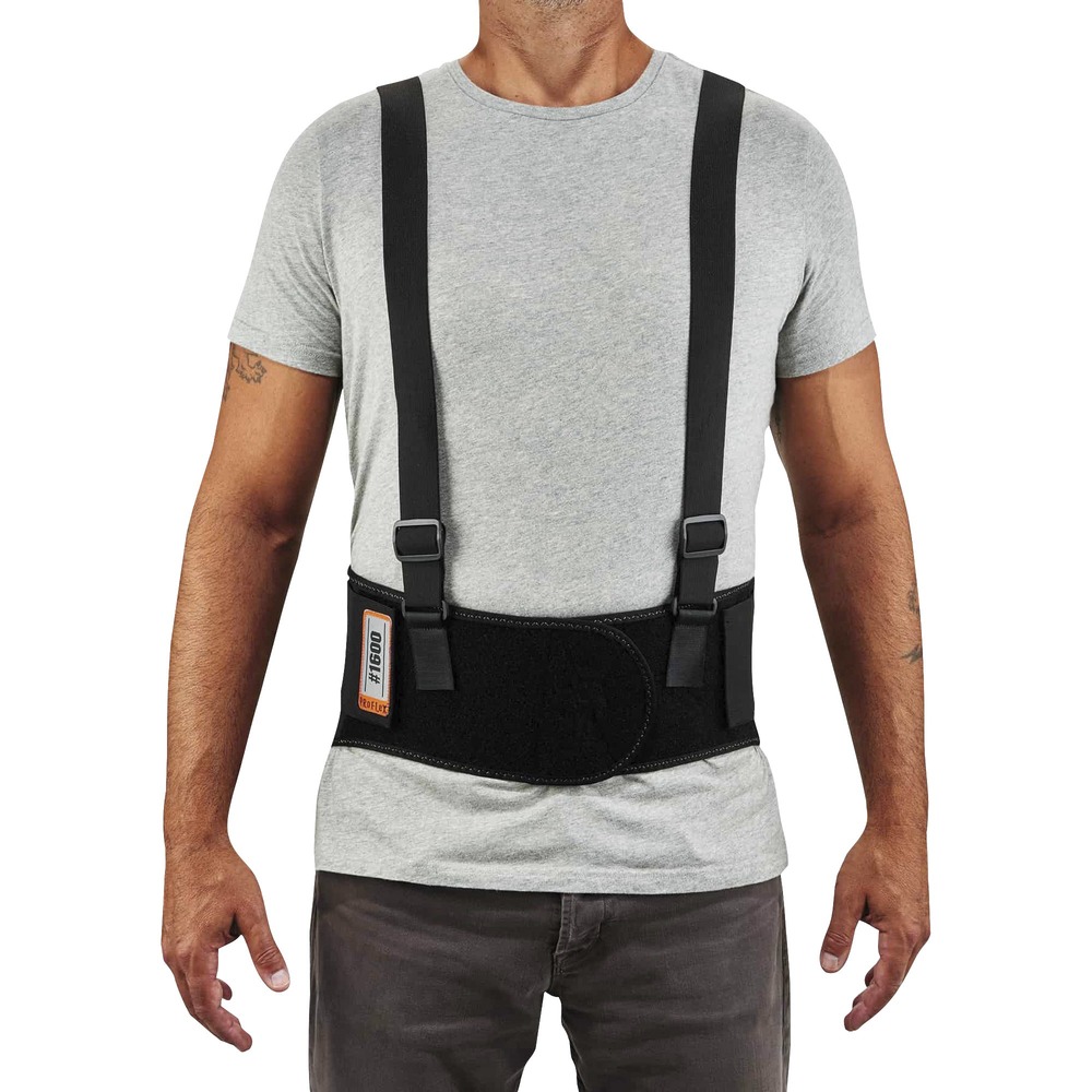 EGO11108 - ProFlex 1600 Standard Elastic Back Support Brace is designed to remind workers of proper lifting techniques while also enhancing the body's intra-abdominal pressure, moving the stress away from the spine for back pain relief. Flexible and breathable, the premium, all-elastic, 9" body delivers extra-firm support. Contoured, high-cut front panel delivers a comfortable fit. Stays are made of nonconductive polypropylene for long-lasting integrity. Adjustable, detachable suspenders keep brace in place. Rubber track webbing prevents riding up for a secure fit. Machine-washable brace fits waists from 52" to 58".