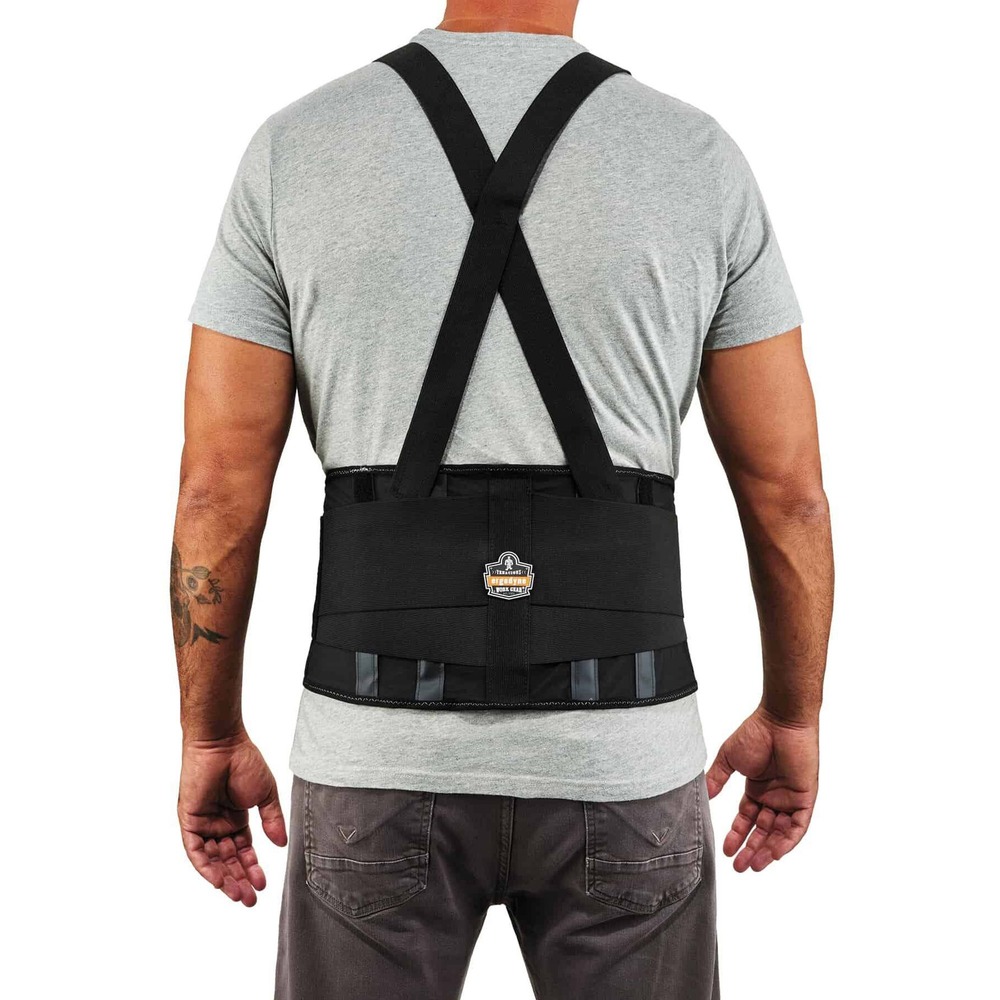 EGO11400 - ProFlex 1400 Universal Back Support Brace is designed to fit most waist sizes and remind workers of proper lifting techniques. It also enhances the body's intra-abdominal pressure, moving the stress away from the spine for back pain relief. Rubber track webbing helps keep support in position and prevents it from riding up. Spandex is stretchable for comfort and support. Stays are made of nonconductive polypropylene for long-lasting integrity. Adjustable, detachable suspenders keep brace in place. Brace is machine-washable in cold water.