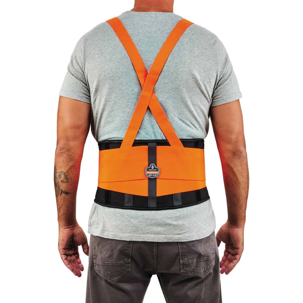 EGO11888 - ProFlex 100HV Economy Spandex Hi-Vis Back Support Brace is designed to remind workers of proper lifting techniques while also enhancing the body's intra-abdominal pressure, moving the stress away from the spine for back pain relief. High-visibility orange panels and suspenders keep workers conspicuous. Rubber track webbing helps keep support in position. Stretchable spandex is comfortable and supportive. Stretchable bias binding features zig-zag stitching. Stays are made of nonconductive polypropylene for long-lasting integrity. Adjustable, detachable suspenders keep brace in place. Machine-washable brace fits waists from 52" to 58".