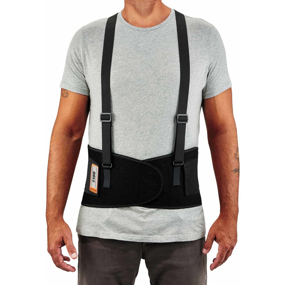 EGO11384 - ProFlex 100 Economy Spandex Back Support Brace is designed to remind workers of proper lifting techniques while also enhancing the body's intra-abdominal pressure, moving the stress away from the spine for back pain relief. Rubber track webbing helps keep support in position. Spandex is stretchable for comfort and support. Stays are made of nonconductive polypropylene for long-lasting integrity. Adjustable, detachable suspenders keep brace in place. Machine-washable brace fits waists from 34" to 38".