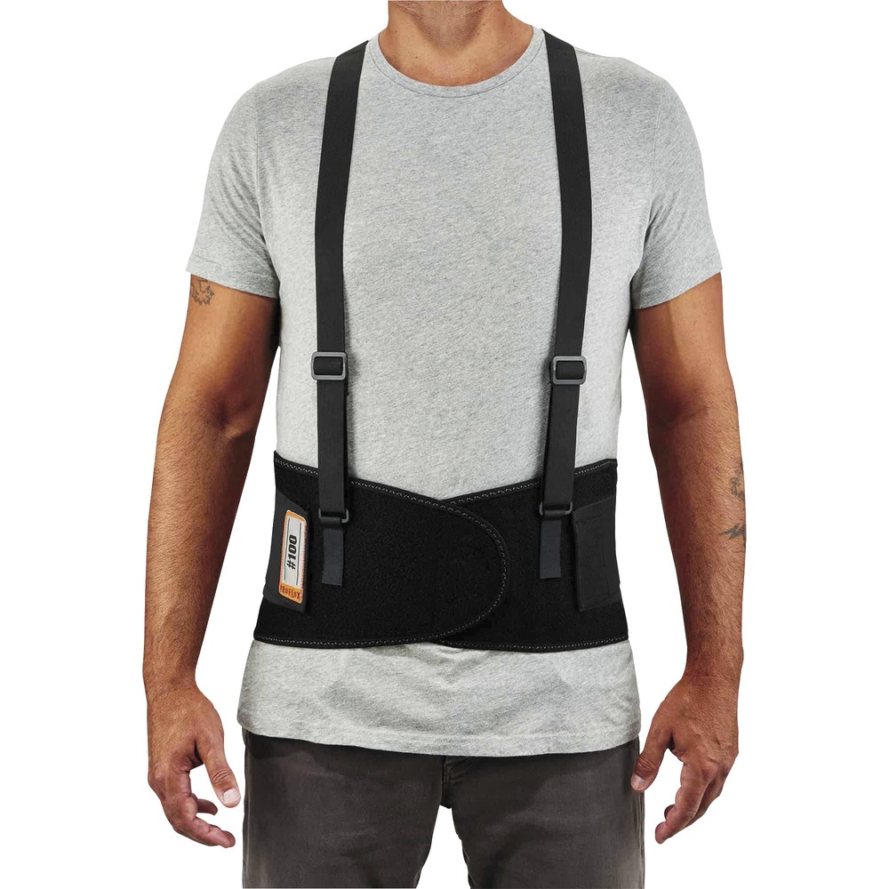 EGO11385 - ProFlex 100 Economy Spandex Back Support Brace is designed to remind workers of proper lifting techniques while also enhancing the body's intra-abdominal pressure, moving the stress away from the spine for back pain relief. Rubber track webbing helps keep support in position. Spandex is stretchable for comfort and support. Stays are made of nonconductive polypropylene for long-lasting integrity. Adjustable, detachable suspenders keep brace in place. Machine-washable brace fits waists from 38" to 42".