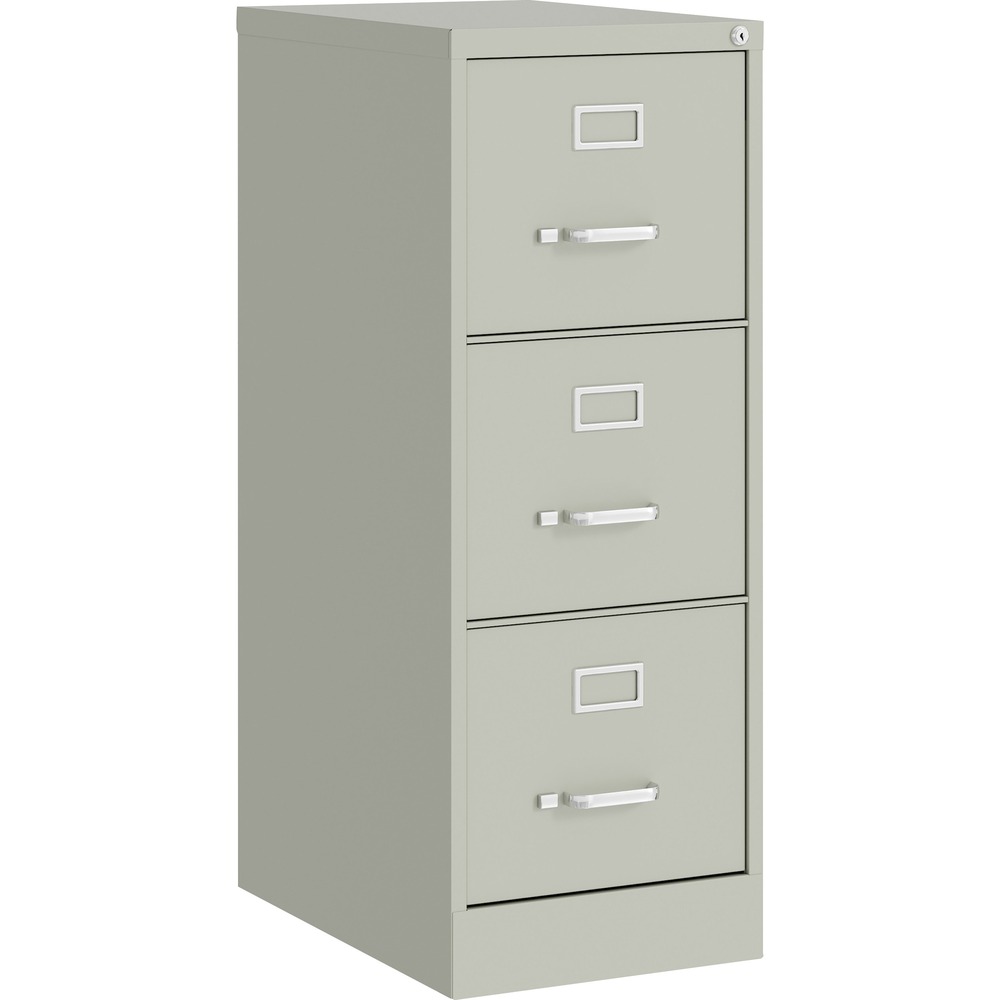 LLR42298 - Commercial-grade, three-drawer vertical file features superior, ball-bearing slide suspension. Steel ball bearings provide the ultimate in smooth and quiet drawer performance. Even when fully loaded, these file drawers open with ease. Factory-installed, core-removable lock allows optional one-key convenience for multiple files. High-sided drawers accept letter-size, hanging file folders. Adjustable wire followers keep files upright. Design also includes an aluminum label holder for easy referencing and convenient pull handle on each drawer. 22" deep Fortress Series Vertical File is made of heavy-gauge steel with recycled content. Nonporous surface is easy to clean and disinfect.