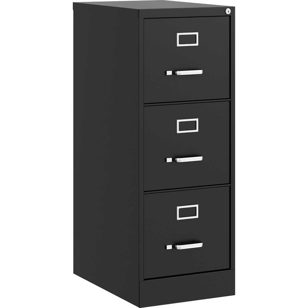 LLR42297 - Commercial-grade, three-drawer vertical file features superior, ball-bearing slide suspension. Steel ball bearings provide the ultimate in smooth and quiet drawer performance. Even when fully loaded, these file drawers open with ease. Factory-installed, core-removable lock allows optional one-key convenience for multiple files. High-sided drawers accept letter-size, hanging file folders. Adjustable wire followers keep files upright. Design also includes an aluminum label holder for easy referencing and convenient pull handle on each drawer. 22" deep Fortress Series Vertical File is made of heavy-gauge steel with recycled content. Nonporous surface is easy to clean and disinfect.