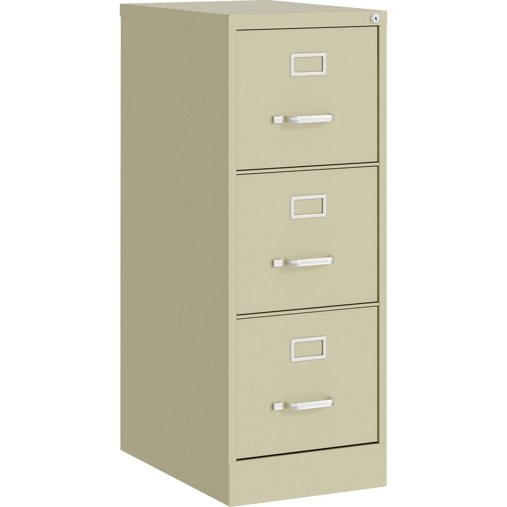 LLR42296 - Commercial-grade, three-drawer vertical file features superior, ball-bearing slide suspension. Steel ball bearings provide the ultimate in smooth and quiet drawer performance. Even when fully loaded, these file drawers open with ease. Factory-installed, core-removable lock allows optional one-key convenience for multiple files. High-sided drawers accept letter-size, hanging file folders. Adjustable wire followers keep files upright. Design also includes an aluminum label holder for easy referencing and convenient pull handle on each drawer. 22" deep Fortress Series Vertical File is made of heavy-gauge steel with recycled content. Nonporous surface is easy to clean and disinfect.