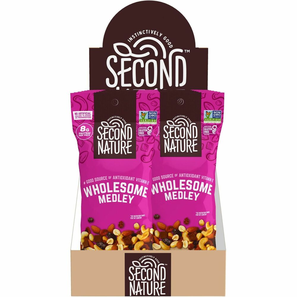 KAR1170 - Wholesome Medley Trail Mix offers a naturally savory and sweet assortment of whole almonds, whole cashews, whole peanuts, cherries, cranberries and dark chocolate. This snack is low in sodium per 1.0 oz. serving. Trail mix is perfect for keeping in breakrooms, reception areas and kitchens to boost office morale or impress visitors.