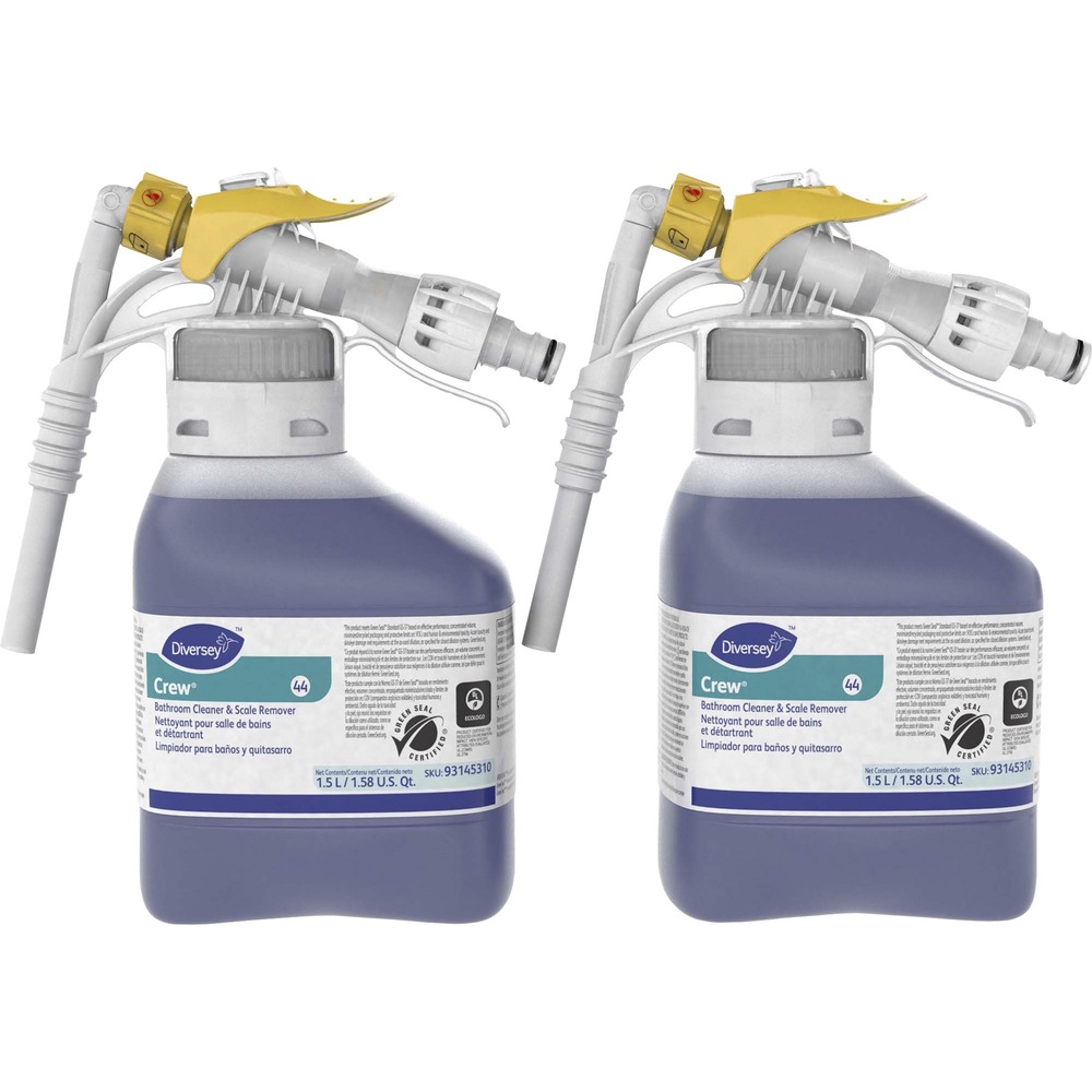DVO93145310 - Part of the Diversey RTD System, this Crew Bathroom Cleaner and Scale Remover features a mildly acidic formula that's specifically developed to remove soap scum and hard water deposits from most restroom surfaces. Acidic formula prevents buildup of stubborn bathroom soils with regular use. Noncorrosive design is suitable for nearly all washable restroom surfaces. Powerful solution deep-cleans dirt and soap scum from bathroom surfaces and leaves a streak-free shine. Ergonomically designed handle is portable and connects to any convenient water supply via a standard hose connector. Simply select the dilution required, and the cleaner will be accurately and safely dispensed through its Spill-Tite head every time. Cleaner is Green Seal certified, Environmental Choice approved and Greenguard certified.