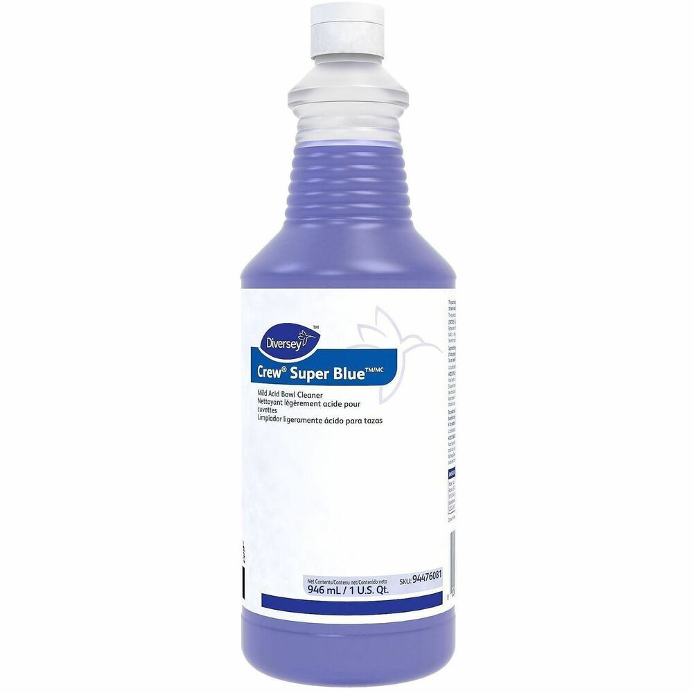 DVO94476081 - Use this Crew Super Blue Mild Acid Bowl Cleaner in a convenient squeeze bottle to clean common restroom soils, rust deposits and scale. It keeps bowls and urinals clean and free of tough stains while neutralizing odors. Dual-organic formula clings to vertical surfaces and keeps bowls and urinals clean and free of tough stains while neutralizing odors. It freshens malodors with a citrus scent. It is ready to use to make cleaning more convenient.