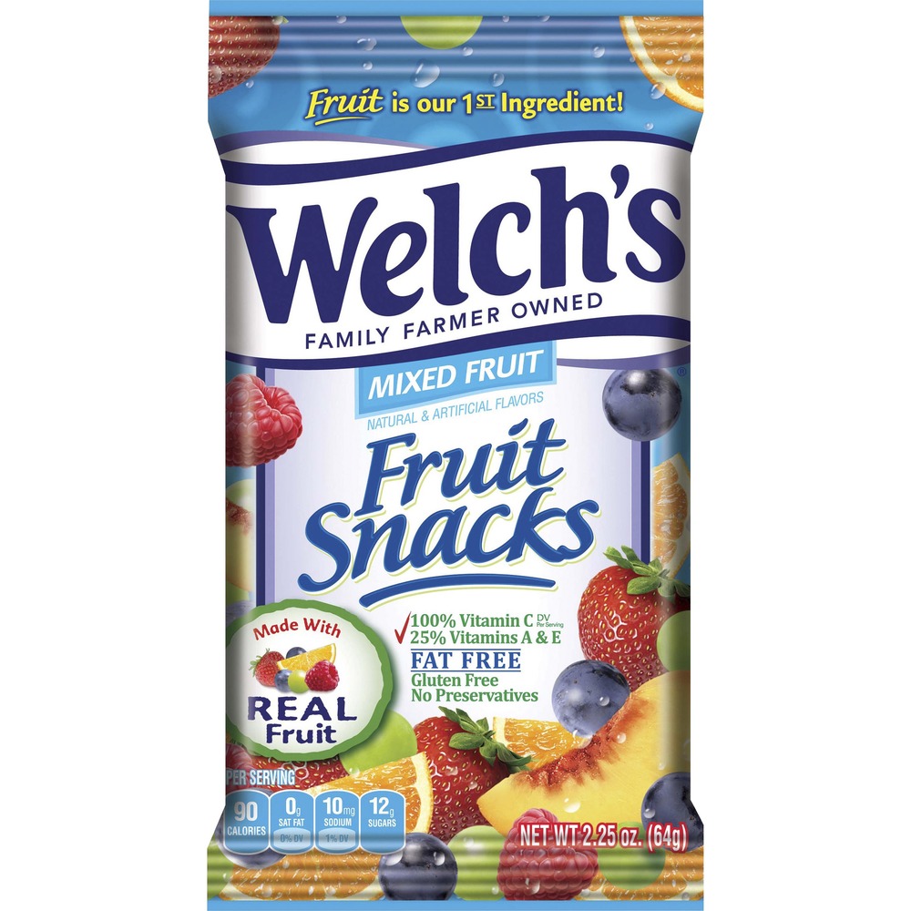 WEL2898 - Mixed Fruit Snacks feature a delicious recipe that's made with real fruit for a tasty alternative to candy. Fat-free, gluten-free snack is an excellent source of Vitamins A, C and E. The delicious combination of flavors includes strawberry, white grape raspberry, orange, white grape peach and concord grape. Individual packs maintain complete freshness for maximum flavor. Fruit snacks are perfect for boosting office morale, impressing guests and more.