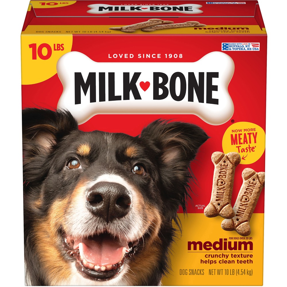 SMU92501 - Milk-Bone Original Dog Treats for medium dogs feature all the goodness of Milk-Bone Original dog biscuits, complete with that familiar bone shape, yet in a smaller, bite-sized form that medium-size dogs over 20 lb. can enjoy. Feel good about treating your dog more often because each dog biscuit is only 40 calories and is fortified with 12 vitamins and minerals to help keep your dog at his or her best. Its classic crunchy texture helps remove plaque and tarter buildup as your dog chews, which can also help freshen breath.