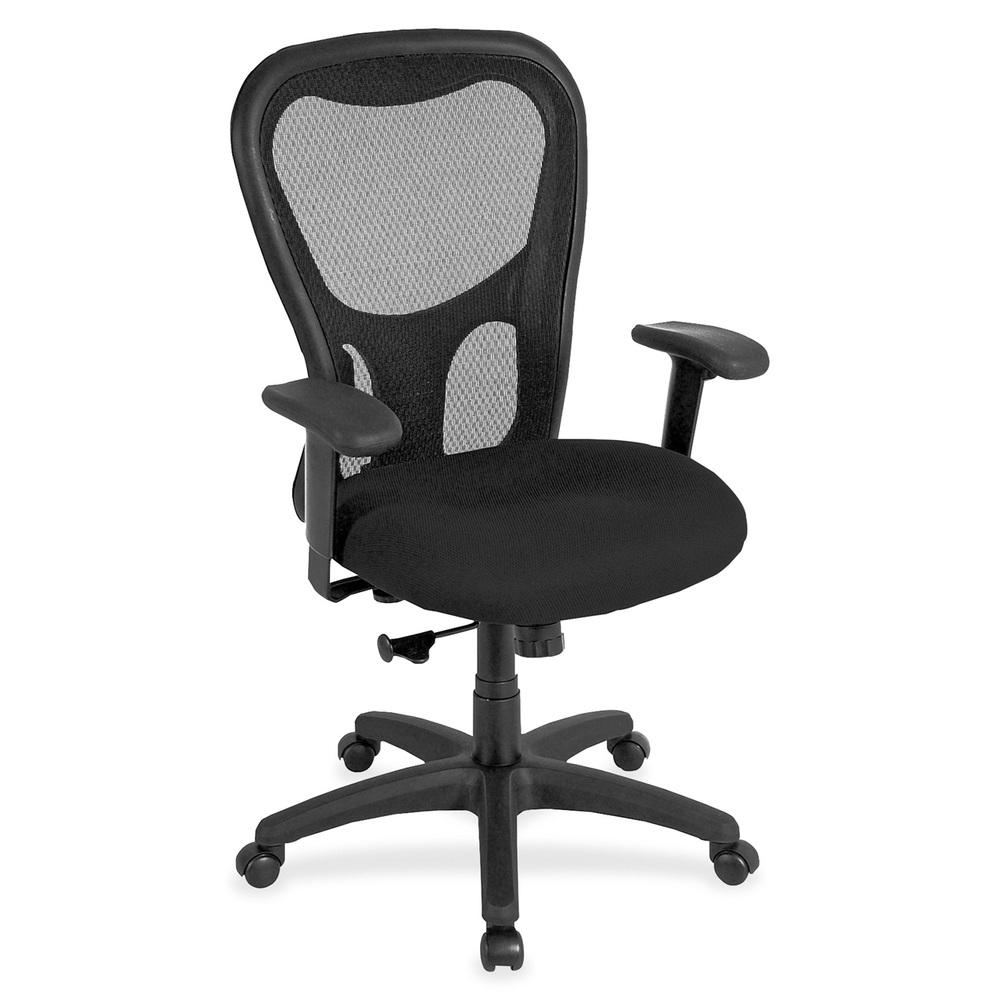 EUTMM950076 - Apollo Synchro High Back Chair combines comfort, adjustability and quality for seating well-suited for long hours at the office. Breathable, black mesh back conforms to your back for the right amount of support. Fabric-upholstered, cushioned seat is comfortably contoured. Padded waterfall seat with sloping front reduces pressure on the back of the knees. Tilt-tension control recline rate adapts to weight of user. Tilt lock locks out tilt function. Synchro-tilt back reclines in a preset ratio to seat. Seat-height adjustment sets seat height from 18.9" to 22.4" for your preferred position relative to floor. Width-adjustable arms adjust arms in or out for proper ergonomic positioning. Arm-height adjustment adjusts arm up or down for proper ergonomic positioning while seated. Chair also features casters on the black nylon, five-star base for easy mobility. Chair is Greenguard certified to have low chemical emissions.