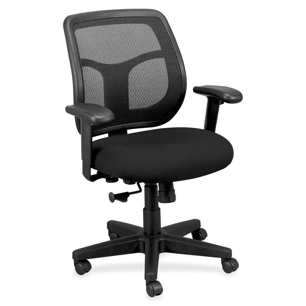 EUTMT940076 - Apollo Mid Back Task Chair combines value, comfort, adjustability and quality to create a perennial favorite. Breathable, mesh back provides increased airflow and maximum comfort for all-day sitting. Ratchet back adjusts up or down relative to the seat for personalized lumbar support and comfort. Tilt-tension control features a recline rate that adapts to your weight. Lockout tilt function prevents tilting. Synchro-tilt mechanism lets the back recline in a preset ratio to the seat for relaxed positioning. Fabric-upholstered, padded, waterfall seat with sloping front reduces pressure on back of knees. Width-adjustable and height-adjustable arms move in or out and up or down for proper ergonomic positioning. Seat-height adjustment sets seat height to your desired position relative to the floor. Chair is Greenguard certified to have low chemical emissions.