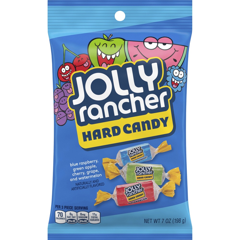 HRS70230 - Jolly Rancher Hard Candy contains the original, untamed fruit flavor to wake up your taste buds including apple, blue raspberry, cherry, watermelon and grape. The assortment of flavors offer a great-tasting treat for the breakroom or reception area. Each hard candy is individually wrapped.