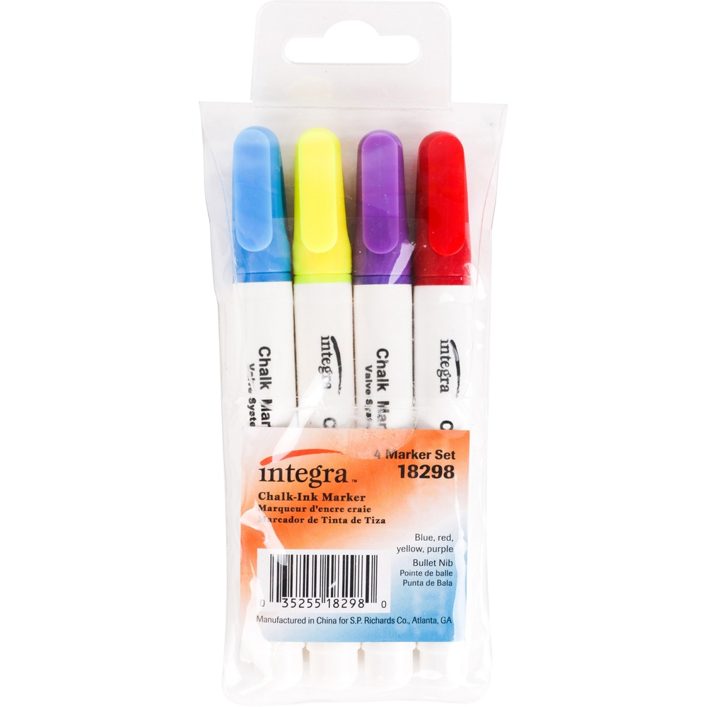 ITA18298 - Chalk Ink Markers provide four different colors to choose from. Bullet nib ensures consistent laydown for legible writing. Assortment of colors include blue, red, yellow and purple.