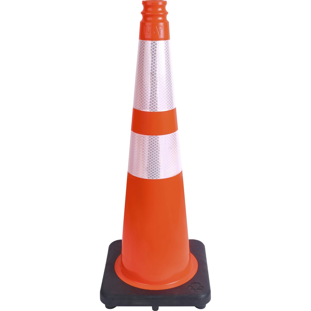 TCO35500 - Aerodynamic, slim-line traffic cones feature two reflective, horizontal strips for maximum visibility. 3M high-intensity reflective collar meets MUTCD standards for nighttime use. Tight-gripping black base helps keep them upright and cautioning passersby. Slim shape saves space on smaller trucks and pickups. Ergonomically designed top eases separation of stacked cones. These 28" high traffic cones are made of semi-flexible PVC for lasting use. Base measures 10-3/4" x 10-3/4".