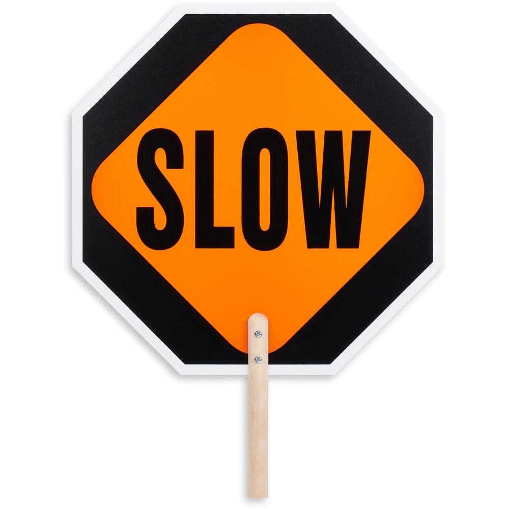 TCO17530 - Directional, handheld sign lets you easily control traffic with a large "STOP" one side and "SLOW" in the same large size on the reverse side. It is ideal for road construction and other traffic safety situation. Handheld Stop/Slow Sign is made of weatherproof, hardboard construction for lasting use. The 10" wooden handle provides a comfortable grip to hold for long periods. Lightweight design is easy to hold to reduce fatigue. Included hardware allows quick, simple handle assembly.