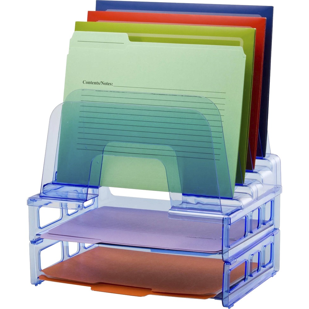OIC23211 - Blue Glacier Incline Sorter with Letter Trays features five compartments plus two letter trays to organize all your papers and folders in one compact unit. Sorter/organizer rests on the trays for space-saving organization. Graduated compartments allow easy access to your folders and files. Open-end design holds files of all sizes to meet your organization needs. More from the Manufacturer