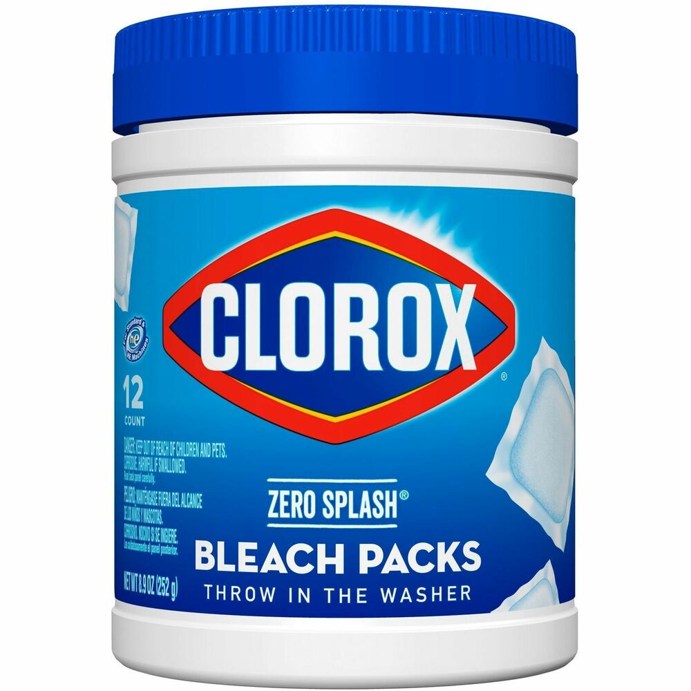 CLO31371 - Clorox Zero Splash Bleach Packs bring you the Clorox Bleach clean in a convenient, pre-measured solid pack for easy dosing. Solid bleach packs allow you to enjoy whiter laundry and cleaner surfaces without the splash and spills. Clorox Zero Splash Bleach Packs are a convenient solution for cleaning fabrics, toilets, sinks and hard, nonporous surfaces. These specially formulated packs activate upon contact with water for added control. Simply throw a Bleach Pack in the washer drum or drop a pack into a bucket, sink or toilet and stir to dissolve. The packs will dissolve fully in the wash. These compact bleach pods make it easy to grab a pack or two of these and go for no mess, just fresh clean clothes. They let you clean with the same trusted Clorox power without worrying about bleach spills, splatters or other laundry mishaps.