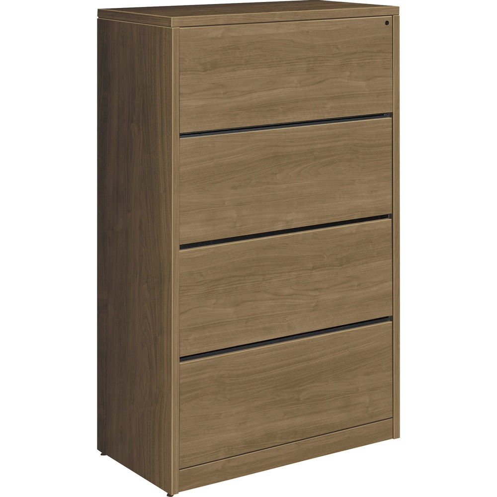 HON10516PINC - Lateral file with four drawers is compatible with HON 10500 Series laminate wood furniture. Clean, straightforward design with square edges offers a streamlined look. Pinnacle thermal-fused laminate is abrasion-resistant and stain-resistant. Durable, 1-1/8" thick, solid-core, high-density particleboard resists warping. Drawers operate on ball-bearing suspension with full extension. Hangrails are provided in all file drawers for side-to-side letter-size and legal-size filing and front-to-back letter-size filing. Mechanical interlock inhibits the extension of more than one drawer from opening at a time. Adjustable, hex-leveling glides allow floorstanding furniture to be easily leveled without lifting the unit. Glides have 3/4" adjustable range. Lateral file is equipped with HON One Key interchangeable, core-removable lock to make rekeying quick and easy.