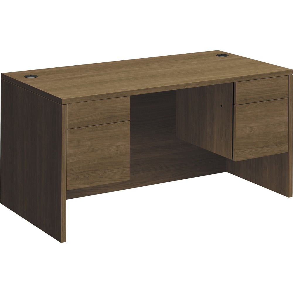 HON10573PINC - Double-pedestal desk with rectangular top is part of HON 10500 Series Wood Laminate Desking that offers practical functionality and uncompromising durability. Durable, 1-1/8" solid-core, high-performance particleboard resists warping. Laminate is scratch-resistant, stain-resistant and spill-resistant. Desk features full-height modesty panel and 3/4 pedestal with one box and one file drawer. Drawers lock and offer five-sided construction for easy drawer alignment or replacement of drawer fronts. Interchangeable, core-removable lock makes rekeying quick and easy. Box drawers operate on ball-bearing suspension with 3/4 extension while the file drawers extend fully on ball-bearing suspension. Included hangrails are designed for side-to-side, letter-size or legal-size filing and front-to-back letter-size filing. Two round grommets (3") in the desktop offer easy cord management.