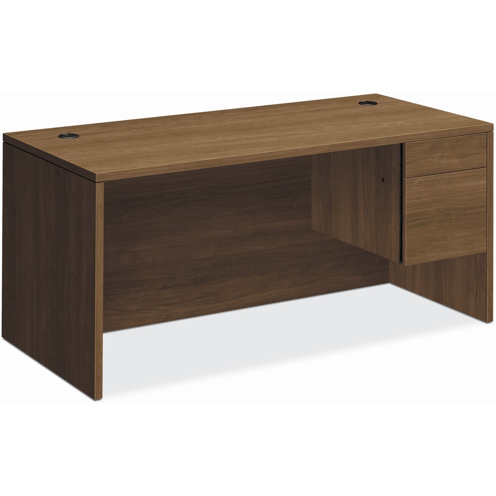HON10583RPINC - Right-pedestal desk is part of HON 10500 Series Wood Laminate Desking that offers practical functionality and uncompromising durability. Durable, 1-1/8" solid-core, high-performance particleboard resists warping. Laminate is scratch-resistant, stain-resistant and spill-resistant. Single-pedestal desk features a full-height modesty panel and 3/4 pedestal with one box and one file drawer. Drawers lock and offer five-sided construction for easy drawer alignment or replacement of drawer fronts. Interchangeable, core-removable lock makes rekeying quick and easy. Box drawers operate on ball-bearing suspension with 3/4 extension while the file drawers extend fully on ball-bearing suspension. Built-in hangrails are designed for side-to-side, letter-size or legal-size filing and front-to-back letter-size filing. Two round grommets (3") in the desktop offer easy cord management.