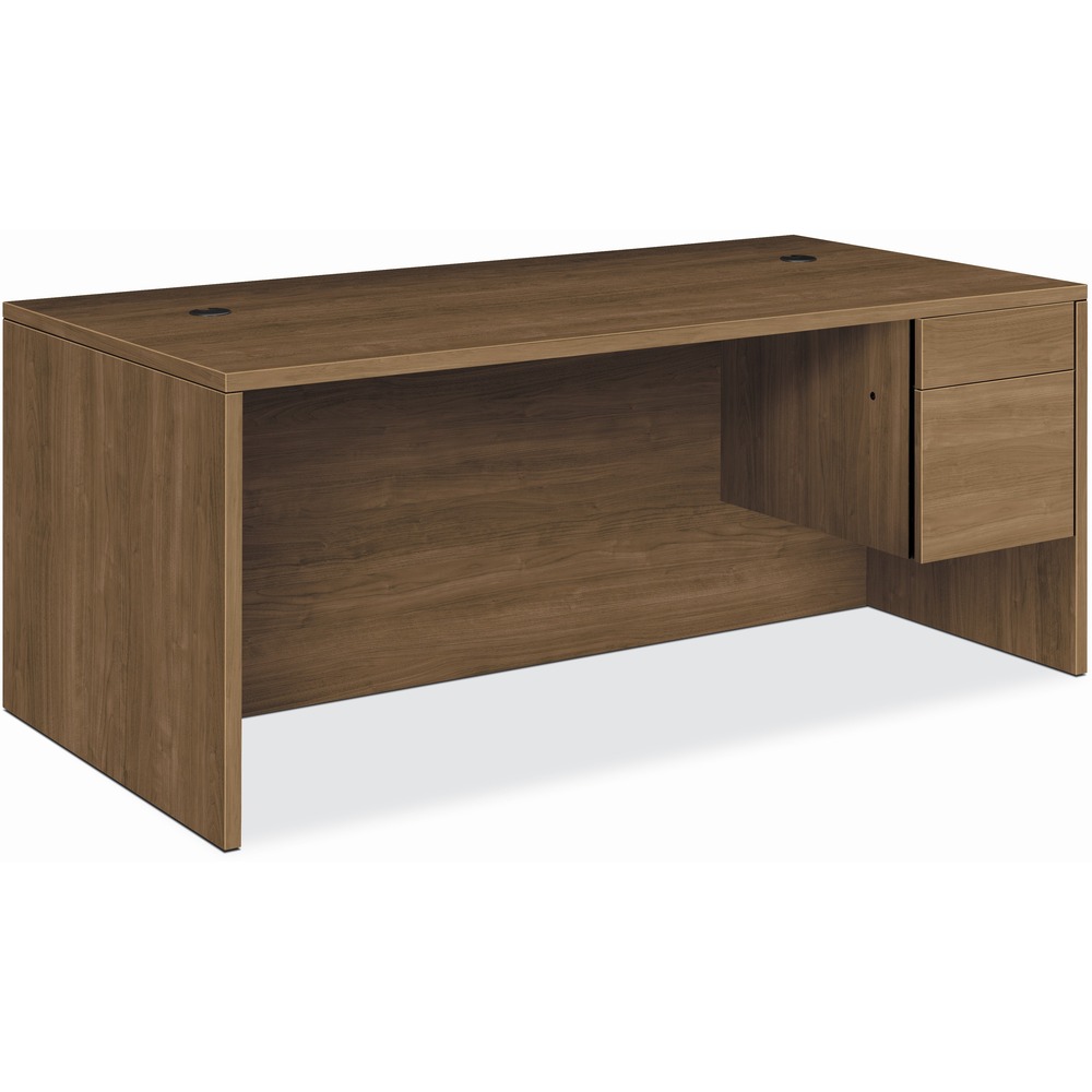 HON10585RPINC - Right-pedestal desk is part of HON 10500 Series Wood Laminate Desking that offers practical functionality and uncompromising durability. Durable, 1-1/8" solid-core, high-performance particleboard resists warping. Laminate is scratch-resistant, stain-resistant and spill-resistant. Single-pedestal desk features a full-height modesty panel and 3/4 pedestal with one box and one file drawer. Drawers lock and offer five-sided construction for easy drawer alignment or replacement of drawer fronts. Interchangeable, core-removable lock makes rekeying quick and easy. Box drawers operate on ball-bearing suspension with 3/4 extension while the file drawers extend fully on ball-bearing suspension. Built-in hangrails are designed for side-to-side, letter-size or legal-size filing and front-to-back letter-size filing. Two round grommets (3") in the desktop offer easy cord management.