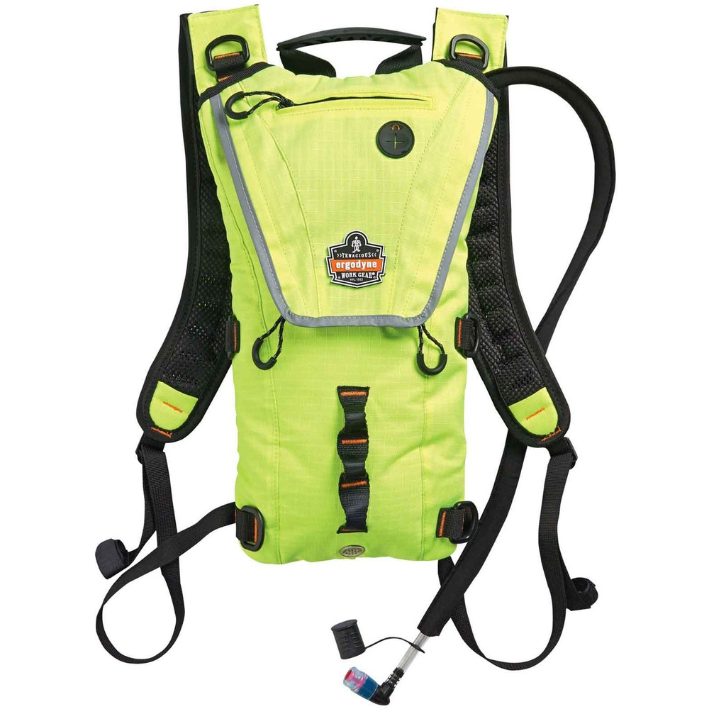 EGO13162 - Easily hydrate on-the-go with 5156 Low-Profile Hydration Pack with Storage. It carries 3 liters of instantly accessible water. Clean hydration is possible with bite valve and cover that protects against contaminants. Water remains cool with insulated pack and tube. Filling the bladder is simple with the dual-cap opening that prevents spills. High-quality thermoplastic is durable and doesn't have plastic taste or smell. Vented straps increase airflow. Storm drain keeps pack dry. You can wear the pack for hours thanks to the lightweight material. Durable, polyester creates a water-resistance and provides longevity. Reflective accents provide enhanced visibility. Additional storage with headphone port, six D-rings and daisy-chain webbing. Hook-and-loop shoulder straps safely detach and avoid snagging when removing pack. Top handle provides easy transport and hanging storage. Hydration pack is compatible with the Chill-Its 5159 Hydration Cleaning Kit (not included).