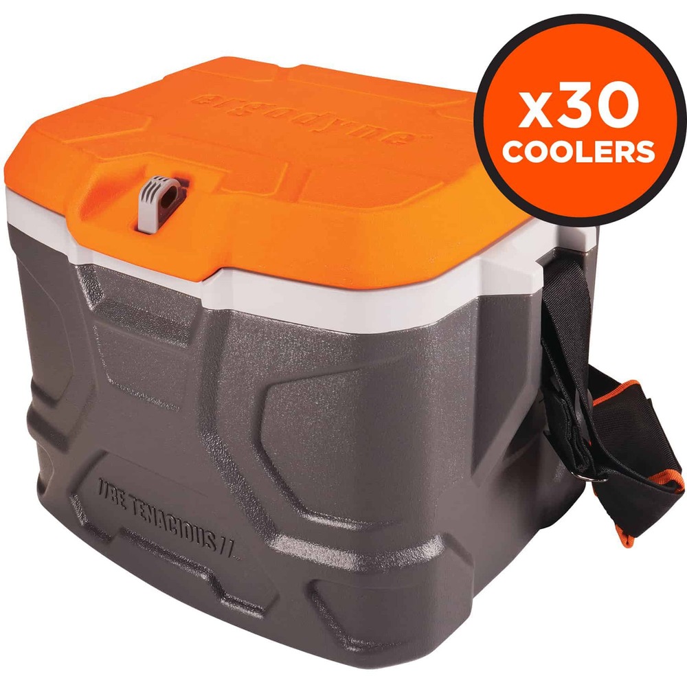 EGO13172 - 5170 Industrial Hard-Sided Cooler is a durable, jobsite cooler that keeps food and drink cold up to 30 hours. 17-quart main compartment holds 18 cans. Cooler accommodates 1 liter water bottles with the stainless steel hinged lid. Store phone, medicine, documents and more with the interior lid compartment that can be safely locked with a No. 1 Master Lock (not included). The hands-free lid maintains a 90-degree or 180-degree opening. Best for jobsite use like construction, maintenance and landscaping because the cooler allows continuous, in-and-out use. Cooler could be used for sporting events, boating or other activities. Utilize cooler as a resting place with its high weight capacity. Comfortably carry with the fabric handle that converts to a shoulder strap for better weight distribution.