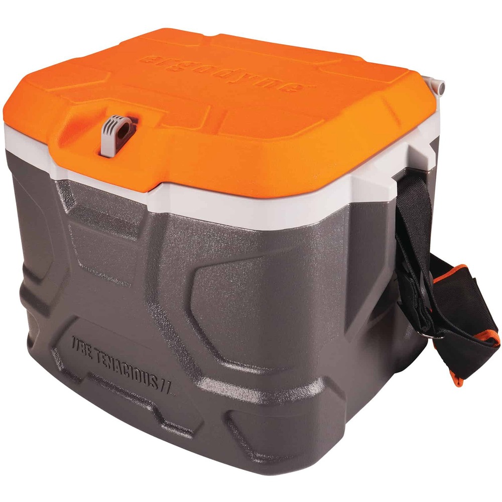 EGO13170 - 5170 Industrial Hard-Sided Cooler is a durable, jobsite cooler that keeps food and drink cold up to 30 hours. 17-quart main compartment holds 18 cans. Cooler accommodates 1 liter water bottles with the stainless steel hinged lid. Store phone, medicine, documents and more with the interior lid compartment that can be safely locked with a No. 1 Master Lock (not included). The hands-free lid maintains a 90-degree or 180-degree opening. Best for jobsite use like construction, maintenance and landscaping because the cooler allows continuous, in-and-out use. Cooler could be used for sporting events, boating or other activities. Utilize cooler as a resting place with its high weight capacity. Comfortably carry with the fabric handle that converts to a shoulder strap for better weight distribution.