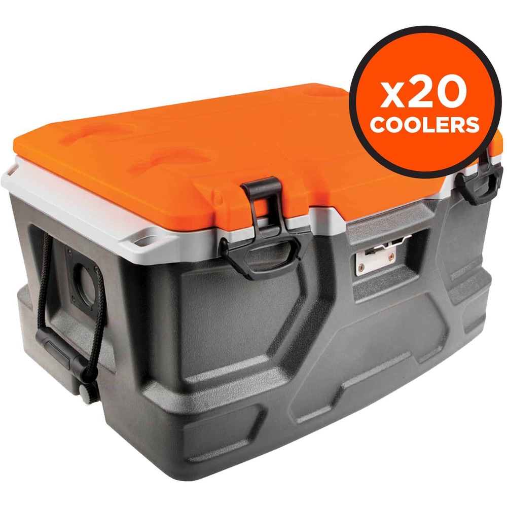 EGO13173 - 5171 Industrial Hard-Sided Cooler is a durable jobsite cooler that keeps food and drinks cold up to 30 hours. Cooler has two heavy-duty latches and a sealing gasket to stay cold longer. The 48-quart main compartment holds 72 cans or 40 bottles. Cooler is best for jobsite use like construction, maintenance, landscaping and other work because it allows continuous, in-and-out use with the hands-free lid that maintains a 90-degree or 180-degree opening. Cooler doubles as an extra seat with its high weight capacity. Transportation is easy with its two rubber-grip carrying handles. Four anchoring holes in each corner ties down cooler in a moving vehicle or on a jobsite. Store dry items in the removable compartment. Leak-resistant drain effortlessly empties excess water. Cooler even has a stainless steel bottle opener.