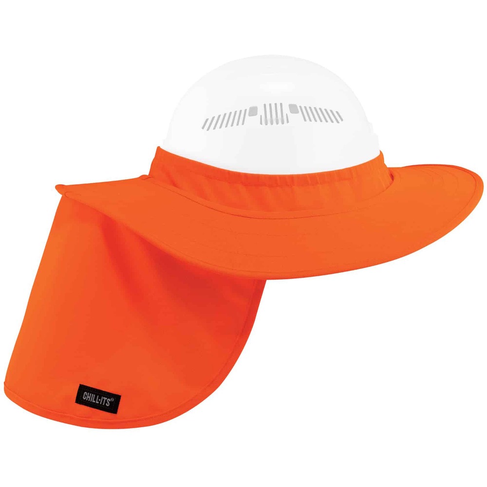 EGO12641 - 6660 Hard Hat Brim with Neck Shade attaches to hard hats to shade the face and neck for protection against sun damage. This full-brim shade fits most hard hats with an elastic rim plus patented hook-and-loop attachments for securing the suspension. Durable, plastic ring makes sure the brim holds its shape, and a wide panel shade extends down for complete back-of-neck coverage. Lightweight material does not weigh down hard hat. High-visibility orange keeps workers safe and seen in poor conditions. Hat brim is ideal for those working in the heat where shade is needed, including construction, roofing and landscaping. Handwash as needed and hang to dry.