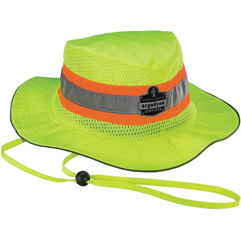 EGO12593 - 8935MF Hi-Vis Sun Hat is a lightweight, breathable sun protection hat with advanced, microfiber cooling technology lining the rim for relief in extreme heat. 150D polyester sun hat is rated UPF 50 plus and features a wide brim for complete face and head coverage. 360-degree mesh venting maximizes airflow for breathable comfort. High-visibility color and 1" reflective tape are ANSI 107 compliant to keep workers safe and seen. Run the inside rim of the sun hat under water for a minute to activate instant cooling relief that lasts up to 3 hours. Reactivate the cooling technology by soaking it in water again. It will retain water without bulking. Sun hat is ideal for workers needing shade. It is also great for recreational activities such as fishing, hiking, gardening and more. Hat fits a variety of head sizes. Drawstring closure secures it in place. Machine-wash and hang to dry.