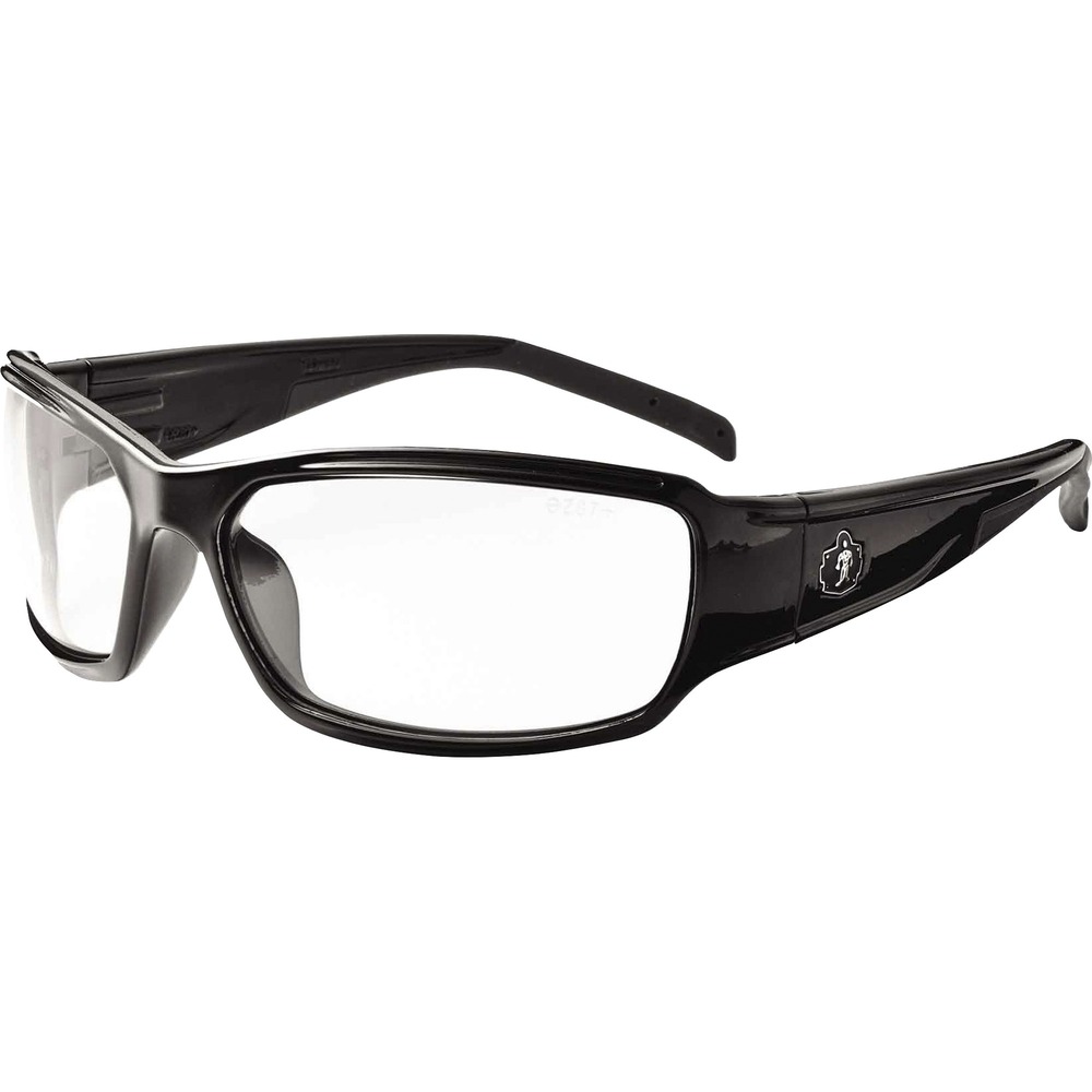 EGO51000 - Thor Clear Lens Safety Glasses feature tough, scratch-resistant lenses that filter 99.9 percent of harmful UVA, UVB and UVC rays to keep your eyes protected from the sun. Sleek, blade-style design provides a sporty look. Durable frames bend and flex without breaking. Sweat-resistant, flexible rubber temples and nonslip nose offer a comfortable fit for all-day wear. Impact-resistant glasses are tested and approved by ANSI Z87.1 plus for High Velocity Impact Protection and meet CSA Z94.3 requirements. They're also MIL-PRF 32432 approved for ballistic impact by withstanding a steel projectile shot from 660' away at 201m per second.